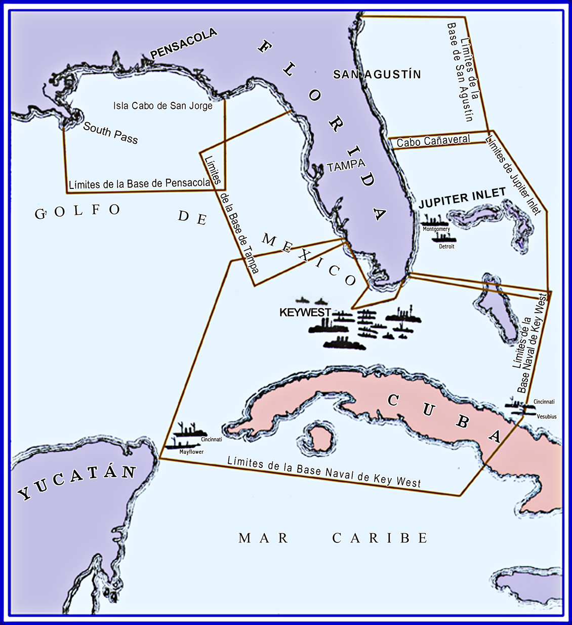 Figura 1. Mapa de las estaciones de palomas a lo largo de la costa de la Florida con el área que cubrían y varios de los buques inicialmente asignados a patrullar aquellas aguas.