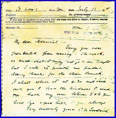 Figura 2. Correo por paloma mensajera enviado del U.S.S. St. Louis, a las afueras de La Habana, a su base en Cayo Hueso. Fue puesta en el correo hasta Portsmouth, New Hampshire (Colección de James Leonard Diamond).
