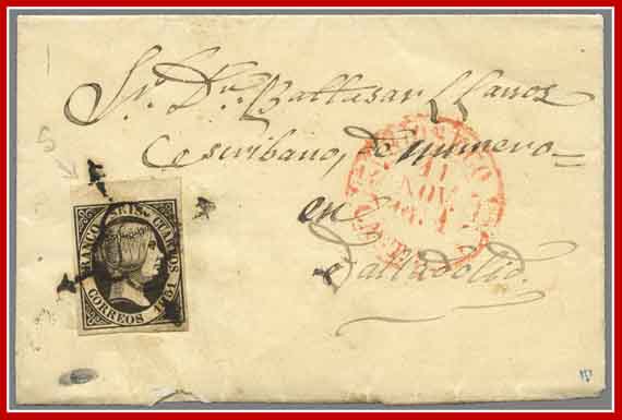 Fig. 3.- 1851 (11 NOV.) Carta de Ríoseco a Valladolid con el sello variedad “S” rota borde superior de hoja. 