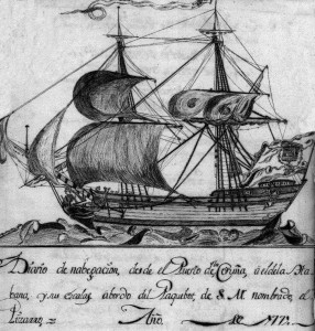 Fig.1 Paquebote “El Pizarro”, con bandera y gallardete con las Armas Reales.