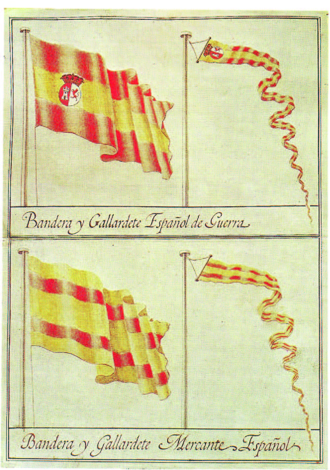 Fig. 5 Modelos de banderas adoptados en 1785 por Carlos III para los buques de guerra y los mercantes