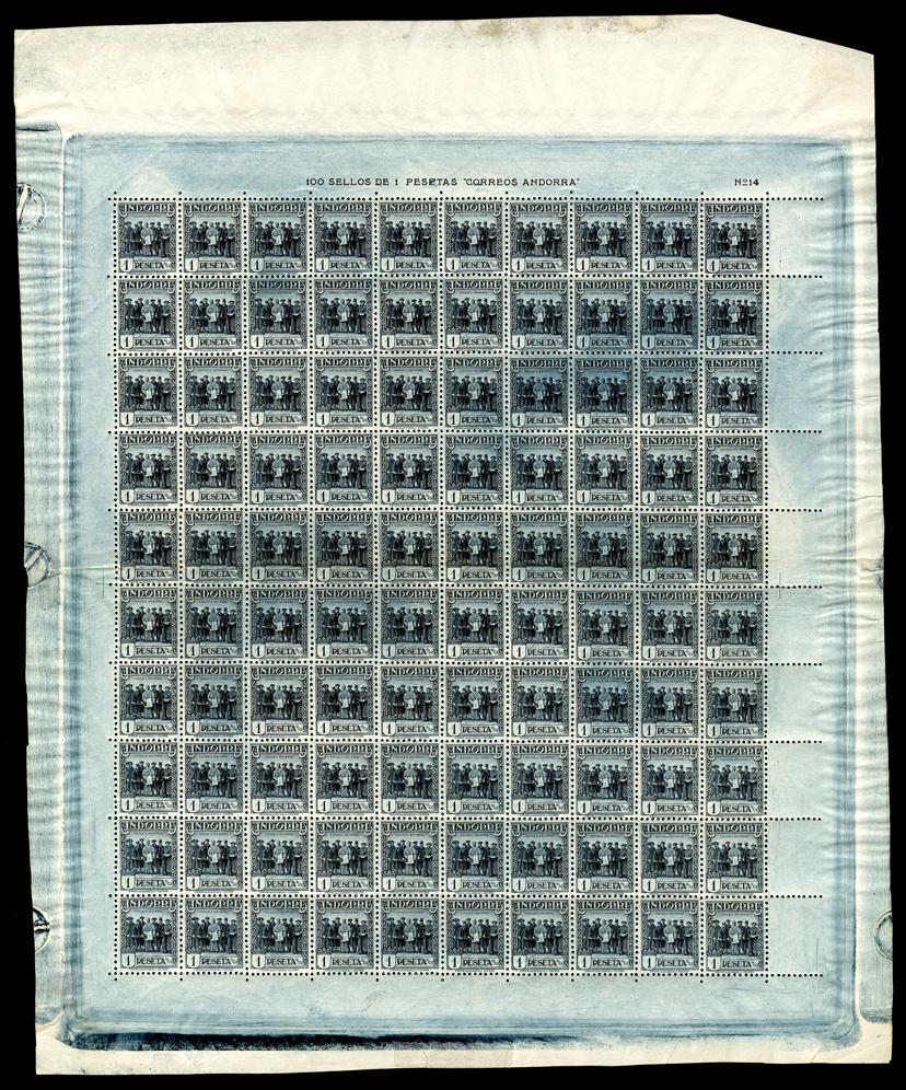 Fig. 1 - El valor de 1 peseta de Andorra, Edifil nº 41, en hoja completa
