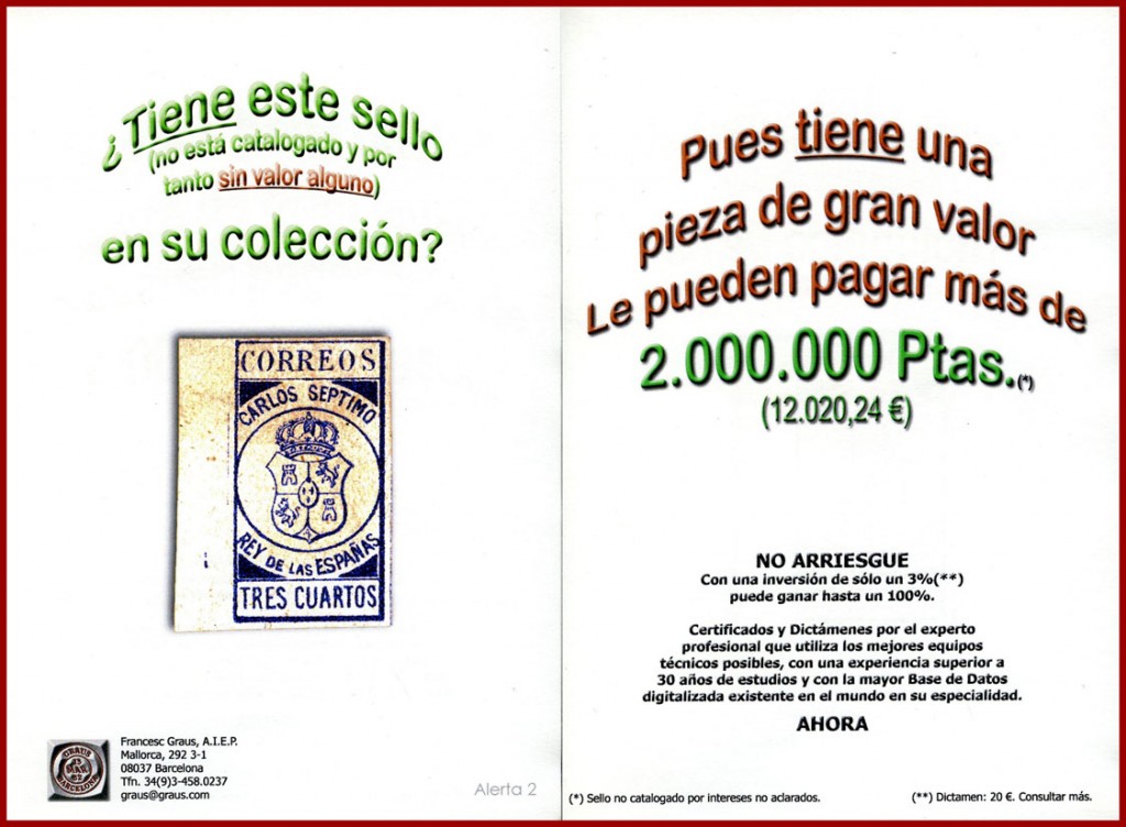 Fig. 2.- Folleto publicitario distribuido por Francisco Graus valorando el tres cuartos carlista en 12.000 €.