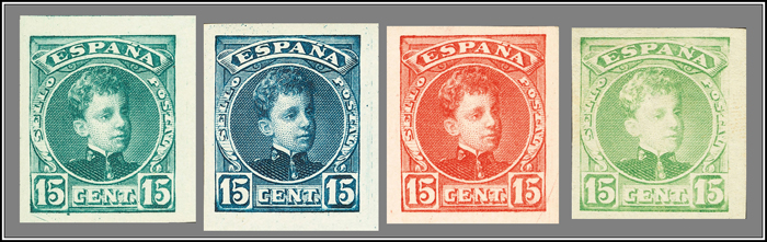 Fig. 2.-  Varias pruebas (ensayos de color) del valor de 15 céntimos.