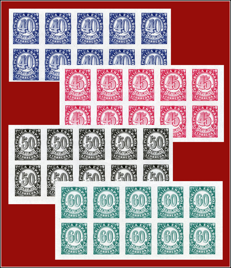 Fig. 1.- 40, 45, 50 y 60 céntimos. Falsos no emitidos de la serie de cifras de 1938