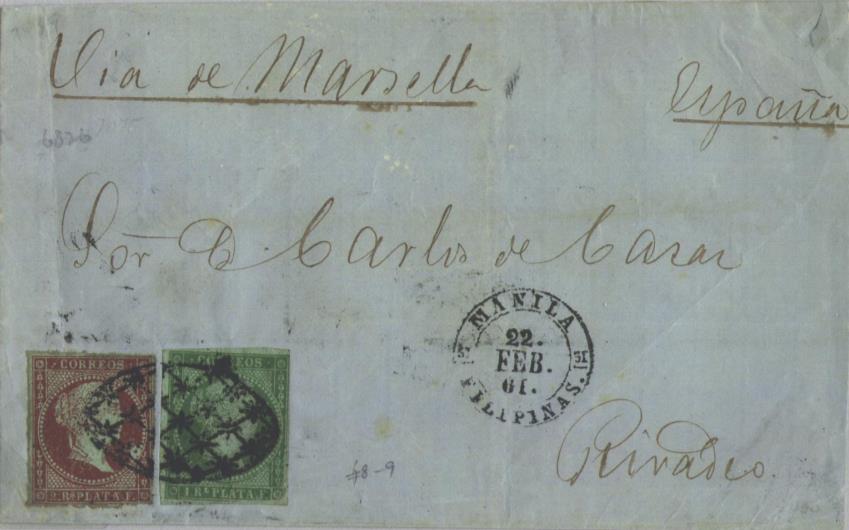 Fig. 11. Cubierta de triple porte de Manila a Rivadeo, Spain, via Marseille, franqueada con un sello de un real y otro de dos reales de 1855.