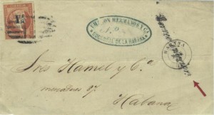 Figura 33. Carta enviada por el servicio local de correos de La Habana franqueada con el nuevo sello “Y” de 1860 y la rara marca “Correo interior.”