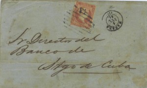 Figura 34. Impreso enviado de La Habana a Santiago de Cuba, franqueado con un sello “Y” de 1860.