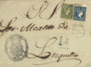 Figure 38. Correo oficial de San Juan a Luquillo, Puerto Rico. La tasa de un real y medio fue pagada con sellos en la oficina postal de destino. 