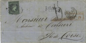Figura 40. Carta de simple porte enviada de Ponce, Puerto Rico, a Córcega. Fue franqueada a San Juan y transportada por vapor inglés a Francia.