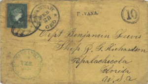 Figura 41. Carta de simple porte enviada de Manzanillo, Cuba, a Apalachicola, Florida. Fue franqueada en La Habana y transportada por vapor americano contratado a Savannah, Georgia. 