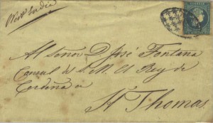 Figure 46. Carta de porte sencillo enviada de La Habana a St. Thomas, DWI. Fue prepagada por un vapor español contratado de la compañía Ramón Herrera. 