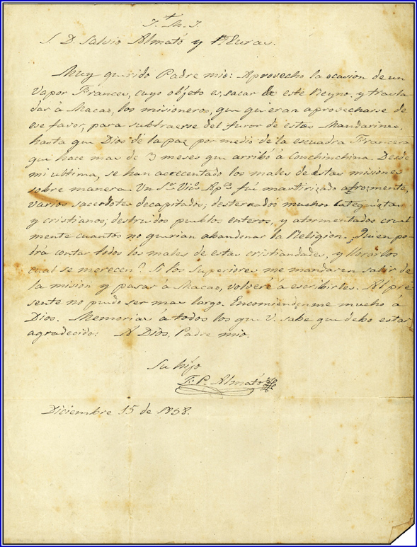 15 de diciembre de 1858. Texto de la carta del misionero Pedro Almató, más tarde decapitado en Tonkín, a su padre.