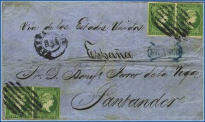Figura 47. Carta sencilla enviada desde La Habana a Santander, España, prepagada con cuatro reales. Fue transportada por vapor de la Royal Mail Steam Packet Company vía Inglaterra.