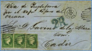 Figura 48. Carta de porte sencillo enviada de La Habana a Cádiz, vía Inglaterra. Fue insuficientemente franqueada con un real de plata fuerte y tasada con dos reales de vellón en España.