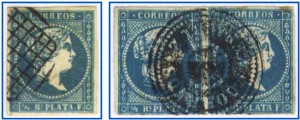 Figure 56. Sellos de medio real de Antillas Españlas cancelados con la parrilla circular de Veracruz y la marca circular en negativo. El sello de la izquierda es auténtico. La pareja de la derecha es una falsificación contemporánea.