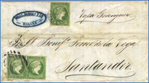 Figura 74. Combinación de un sello falso de un real tipo III con dos sellos auténticos en una carta de triple porte enviada de La Habana a Santander.