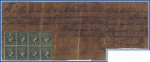 Figura 76. Declaración firmada al dorso de un gran bloque irregular de sellos de medio real devueltos a Correos en 1864.