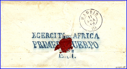 Reverso de la carta anterior con la marca militar EGERCITO DE AFRICA / PRIMER CUERPO / E.M., empleada por el Estado Mayor de este cuerpo de ejército.