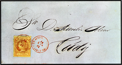 Carta circulada a Cádiz y matasellada el 26 de octubre de 1861 con el fechador del Ejército Expedicionario, también estampado al lado (reproducida en Marcas y Matasellos. Angel Láiz. Madrid 1977)