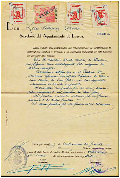 21 de febrero de 1942. Certificación de contribución territorial por rústica y urbana.